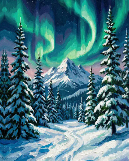 Northern Lights Winter Forest | Original Paint by Numbers (16"x20" / 40x50cm)