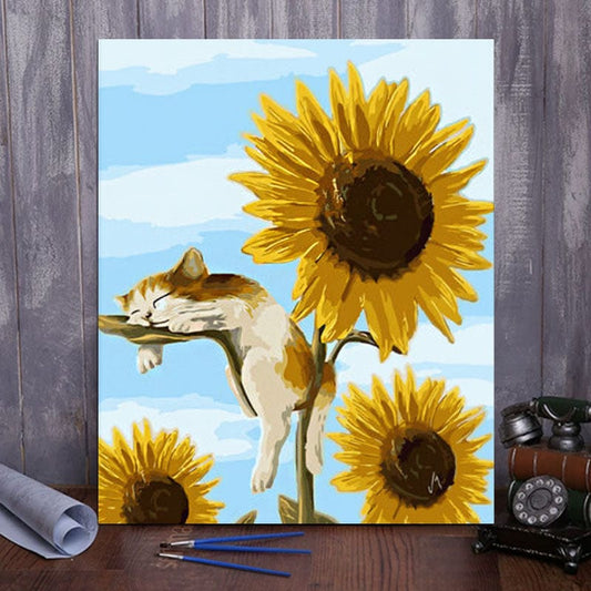 DIY Painting By Numbers - Cat's Sunflower Snooze