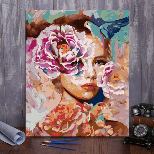 DIY Painting By Numbers -Girl with flowers  (16"x20" / 40x50cm)