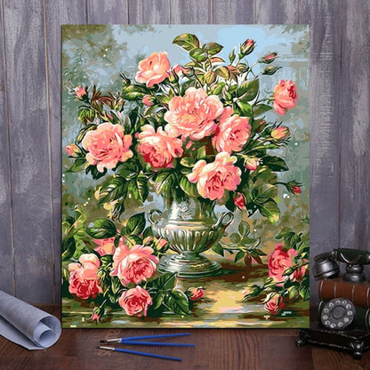 DIY Painting By Numbers - Pink rose flowers