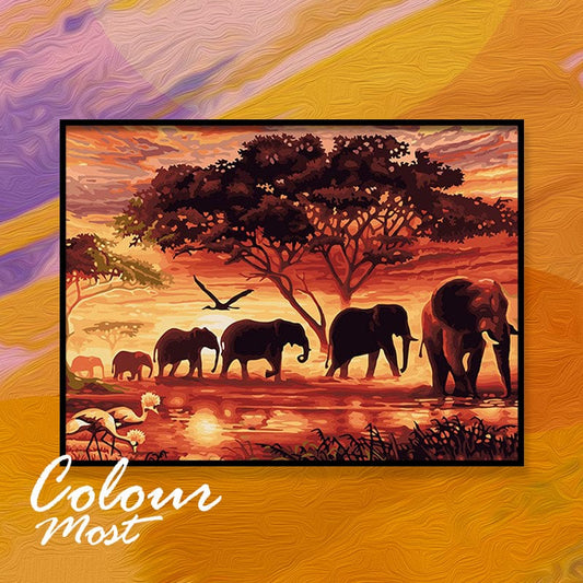 DIY Painting By Numbers - Elephants Landscape (16"x20" / 40x50cm)
